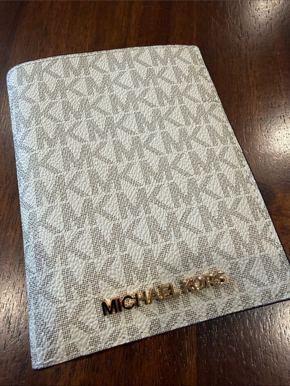 Michael Kors Cream White Monogram Travel Passport Cover with Gold Logo